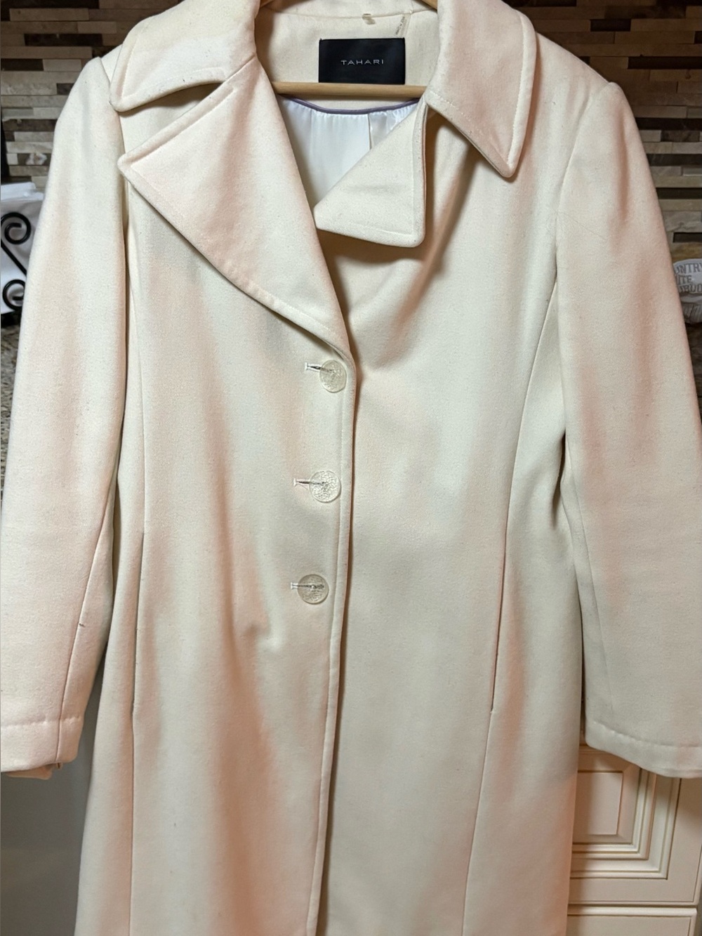 Tahari Cream Single-Breasted Wool-Blend Trench Coat